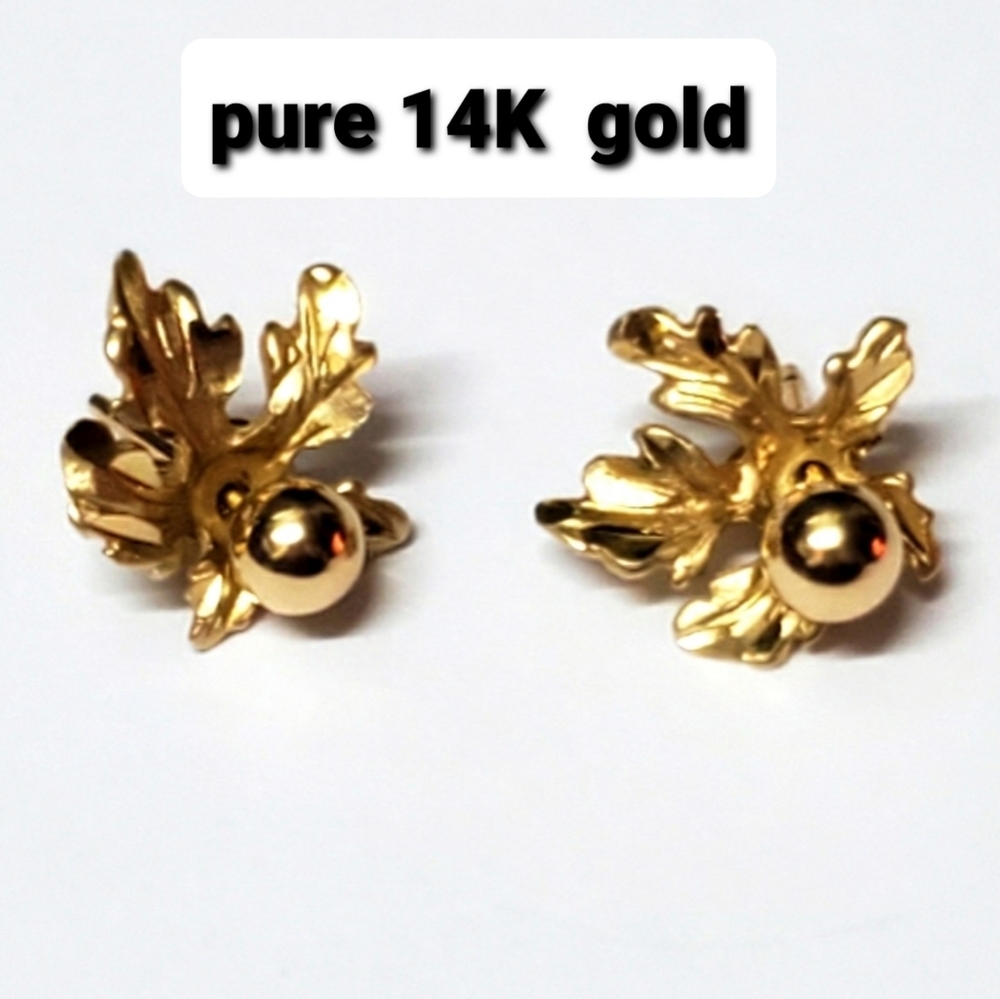 14K Gold Earrings stud&Leaves 3.8 & 10.8 mm